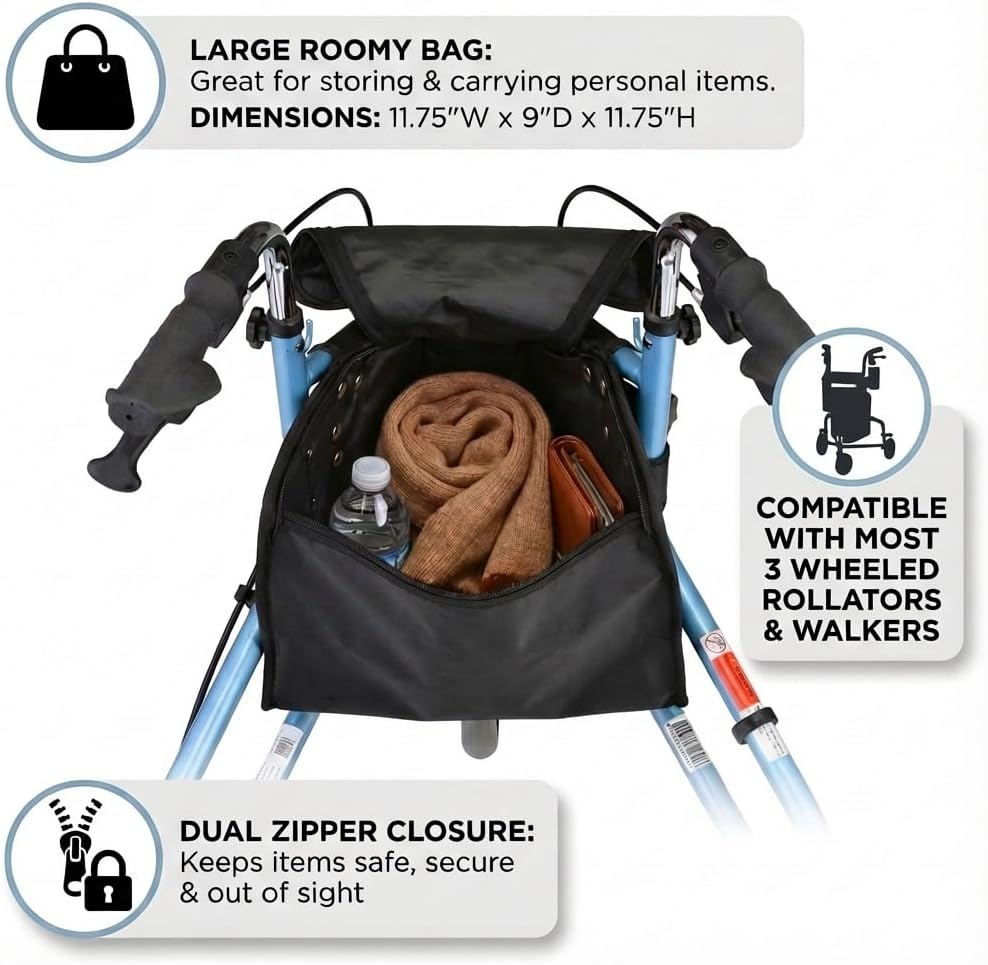 NOVA Medical Products Pouch Bag for 3 Wheeled Rollator Walker – Replacement Storage Tote & Organizer for Three Wheel Mobility Aids, Zippered Closure