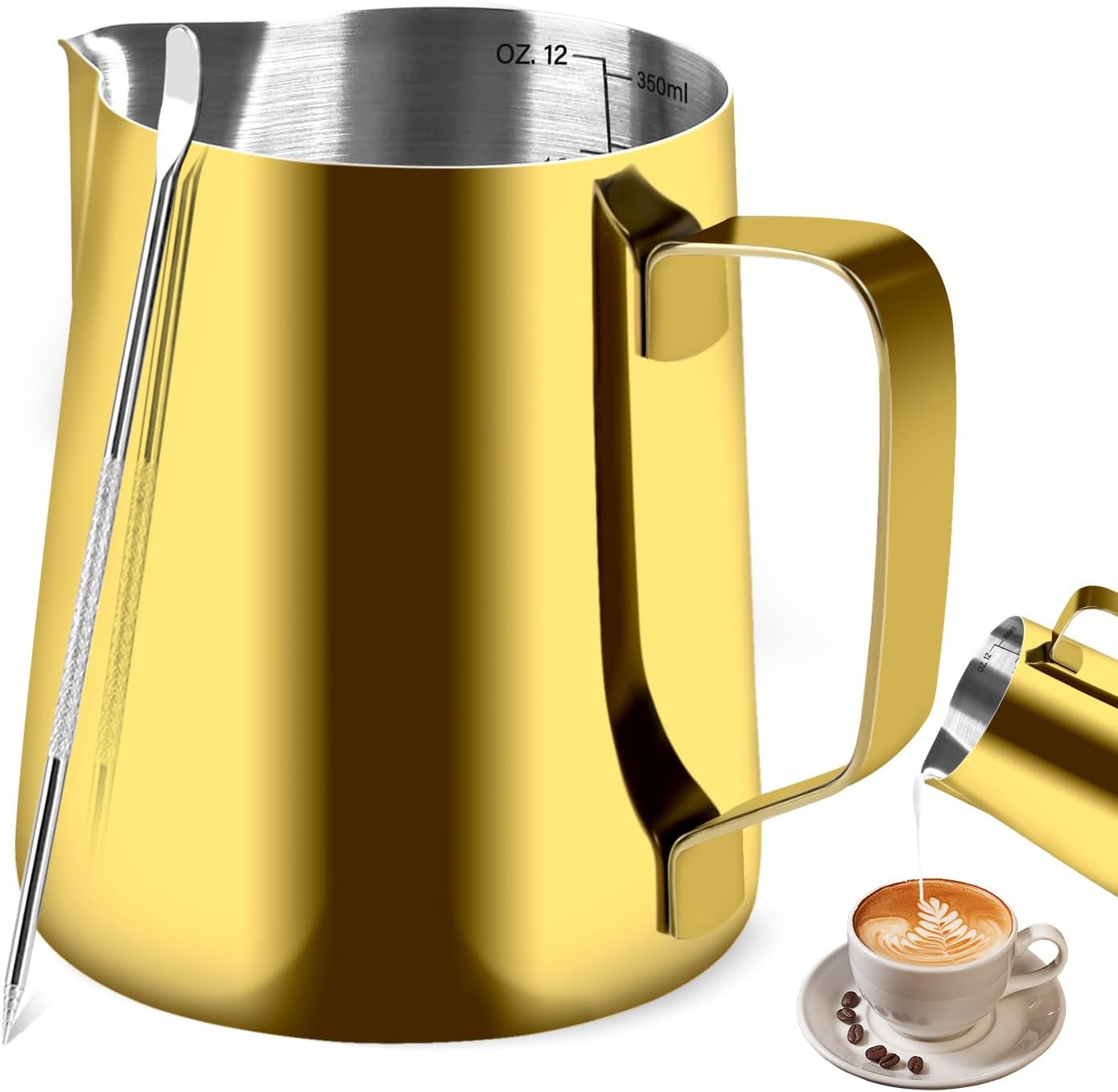 Stainless Steel Espresso Milk Frothing Pitcher - 12OZ/350ML Coffee Milk Frother Cup with Decorating Art Pen for Espresso Machine, Latte Art