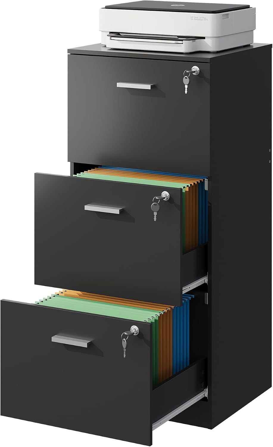 DEVAISE 3 Drawer Wood File Cabinet with Lock, Fits Letter and A4 Size | Wooden Tall Vertical Filing Cabinet, Home Office Printer Stand, Easy Assembly, White