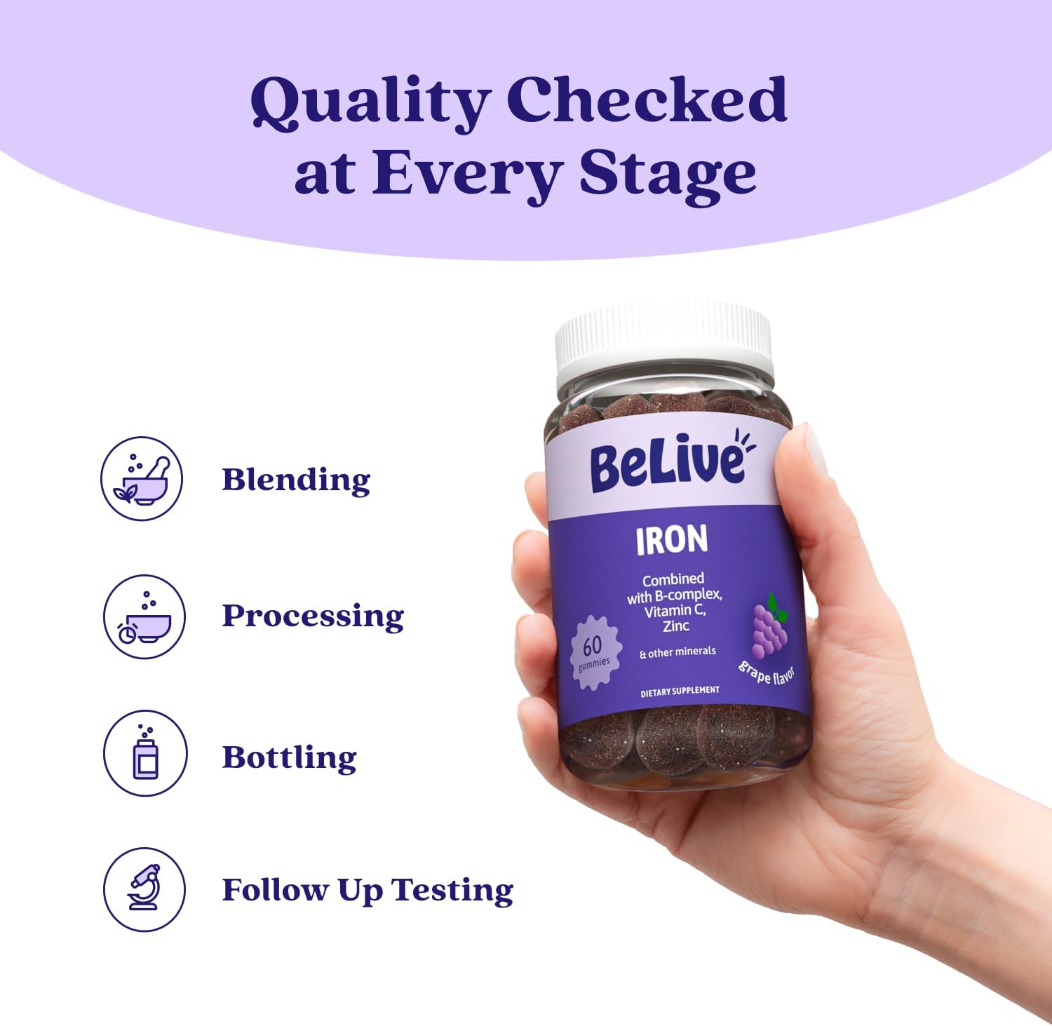 Belive Iron Gummies, Multivitamin Supplement, Blood Oxygen Support, 60 Ct | With Vitamin C, B Complex, Folate, and Zinc for Women, Men & Kids for Growth and Development, Grape Flavor