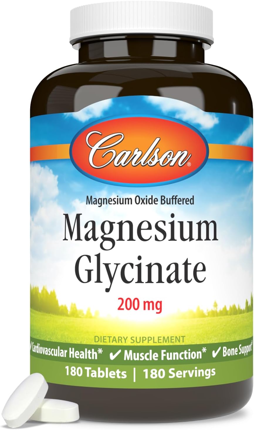 Carlson Chelated Magnesium Glycinate, 200 mg, Muscle Function, 180 Tablets | Superior Absorption; Bone Support