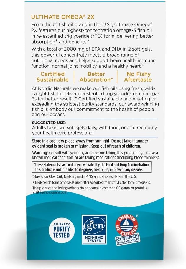 Nordic Naturals Ultimate Omega 2X, 2150mg Fish Oil, Lemon - 60 Count | High-potency 2X formula with EPA & DHA for brain & heart health. Non-GMO soft gels. 30 servings.