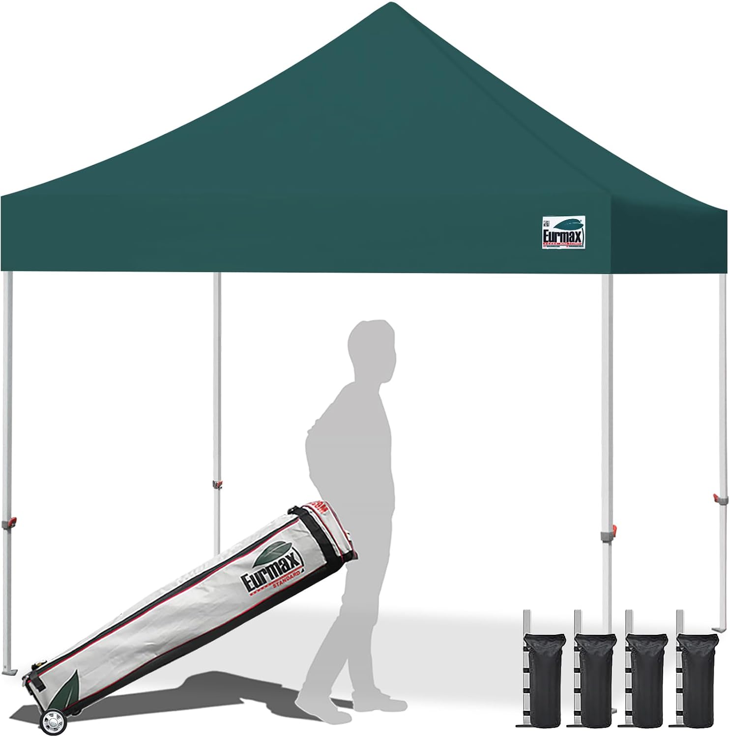 Eurmax USA 10x10ft Pop Up Canopy,Commercial Instant Tent for Outdoor Events,Patented No-Tip Rolling Storage Bag with 4 Sandbags,UV & Water Resistant,Heavy Duty Portable Shelter Gazebo,Black