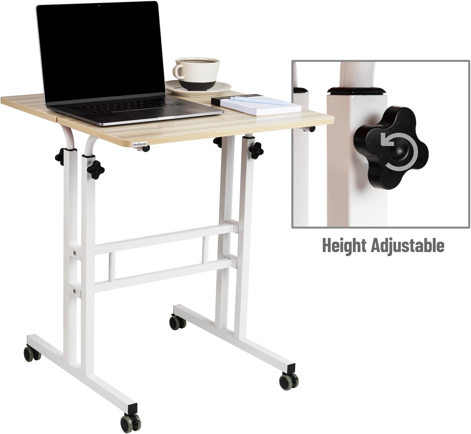 Mind Reader Standing Desk, Adjustable Height Laptop Workstation, Portable Rolling Desk on Wheels, Two-Tier Metal Frame, Black