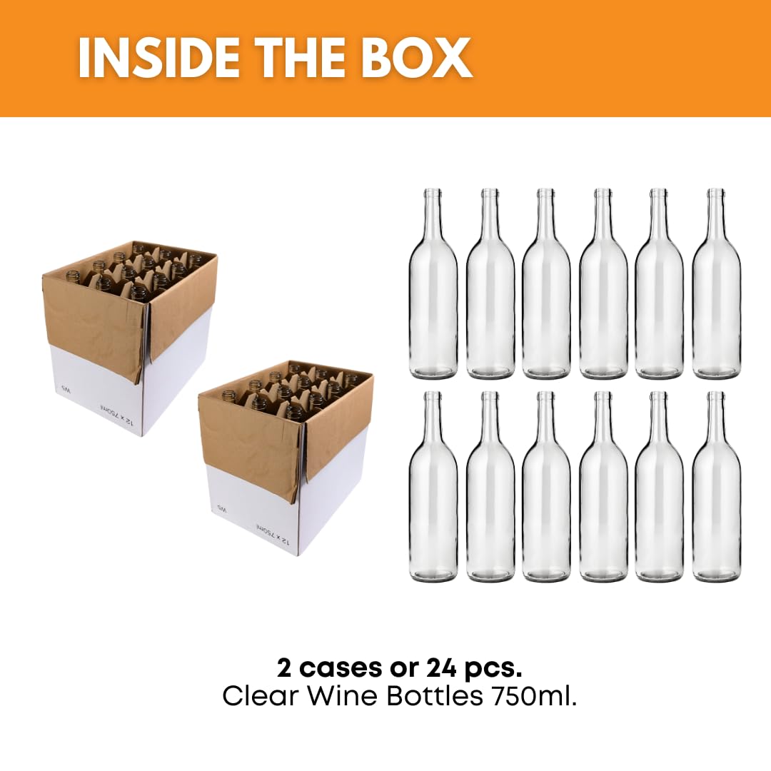 FastRack 24 - 750ml W5 Clear Bordeaux Wine Bottles-2 Cases, 750ml | Flint flat-bottomed glass wine bottles empty for home winemaking