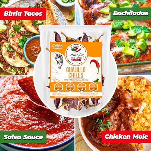 Guajillo Chiles Peppers Dried Whole 4 oz – Natural and Premium. Great For Mexican Recipes Like Mole, Tamales, Salsa, Meats. Mild to Medium Heat, Complex Fruity Flavor. Resealable Bag