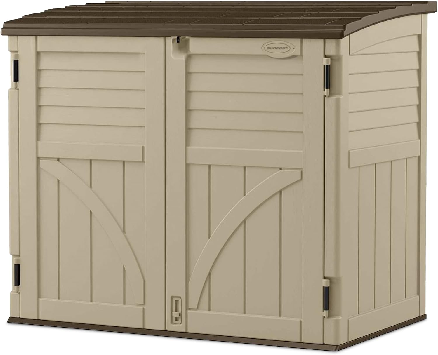 Suncast Horizontal Shed, Compact Outdoor Storage System, 34 Cu. Ft. Capacity, Sand & Slate - Lockable Multi-Wall Resin Organizer for Garbage Cans