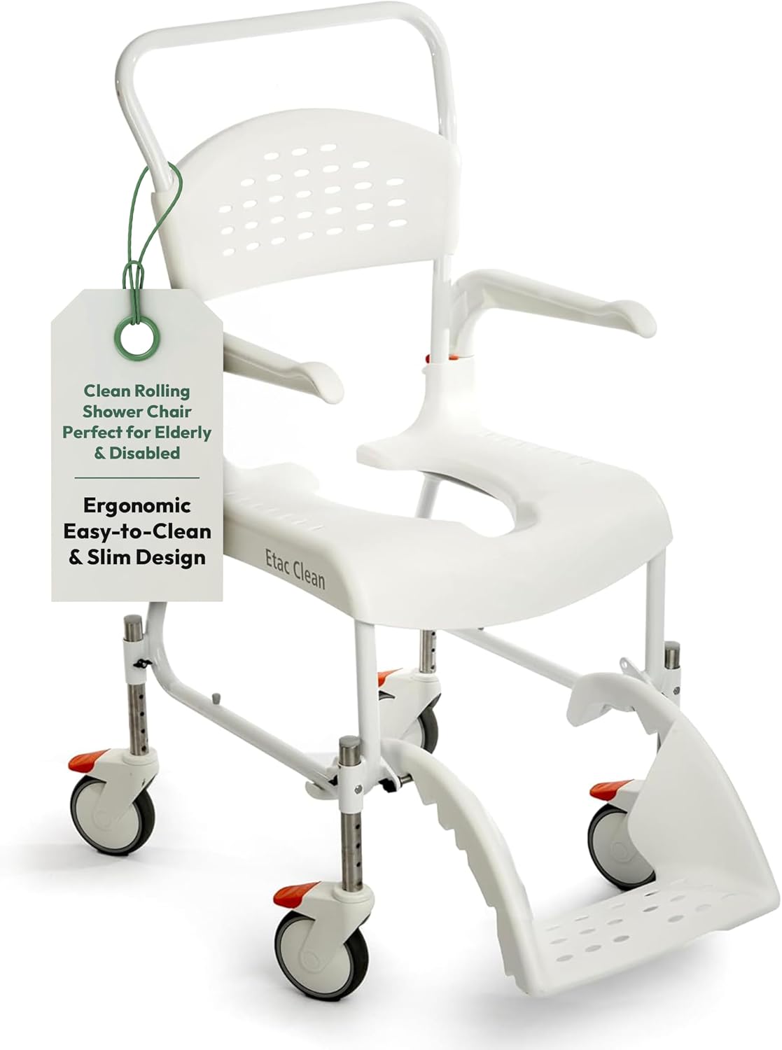 Etac Clean 24" Self-Propelled Shower Chair with Wheels - 21 3/4 Inch Fixed Height with 24 Inch Rear Wheels - Shower Wheelchair for Elderly and Disabled - Movable Armrest & Ergonomic Footrest