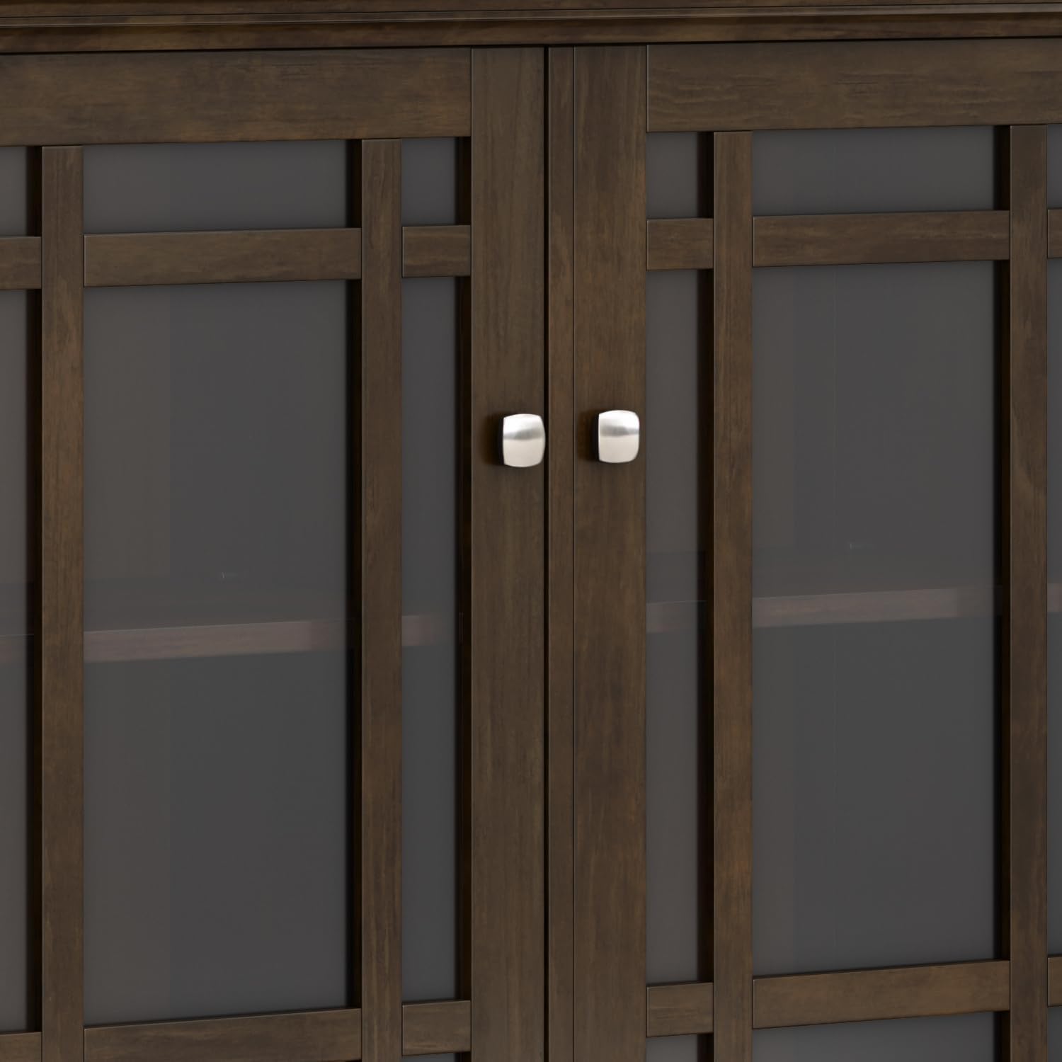 SIMPLIHOME Bedford 62" Wide Solid Wood Sideboard in Brunette Brown | Transitional low media console with glass doors and storage shelves for the living room, entryway or dining room.