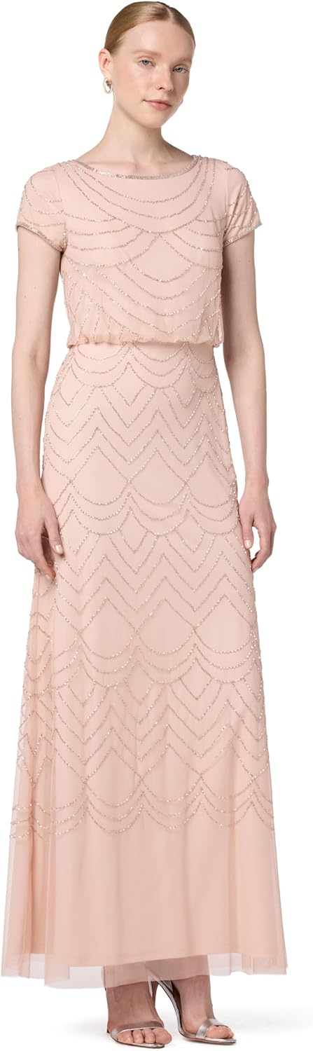 Adrianna Papell Womens Short Sleeve Blouson Beaded Gown
