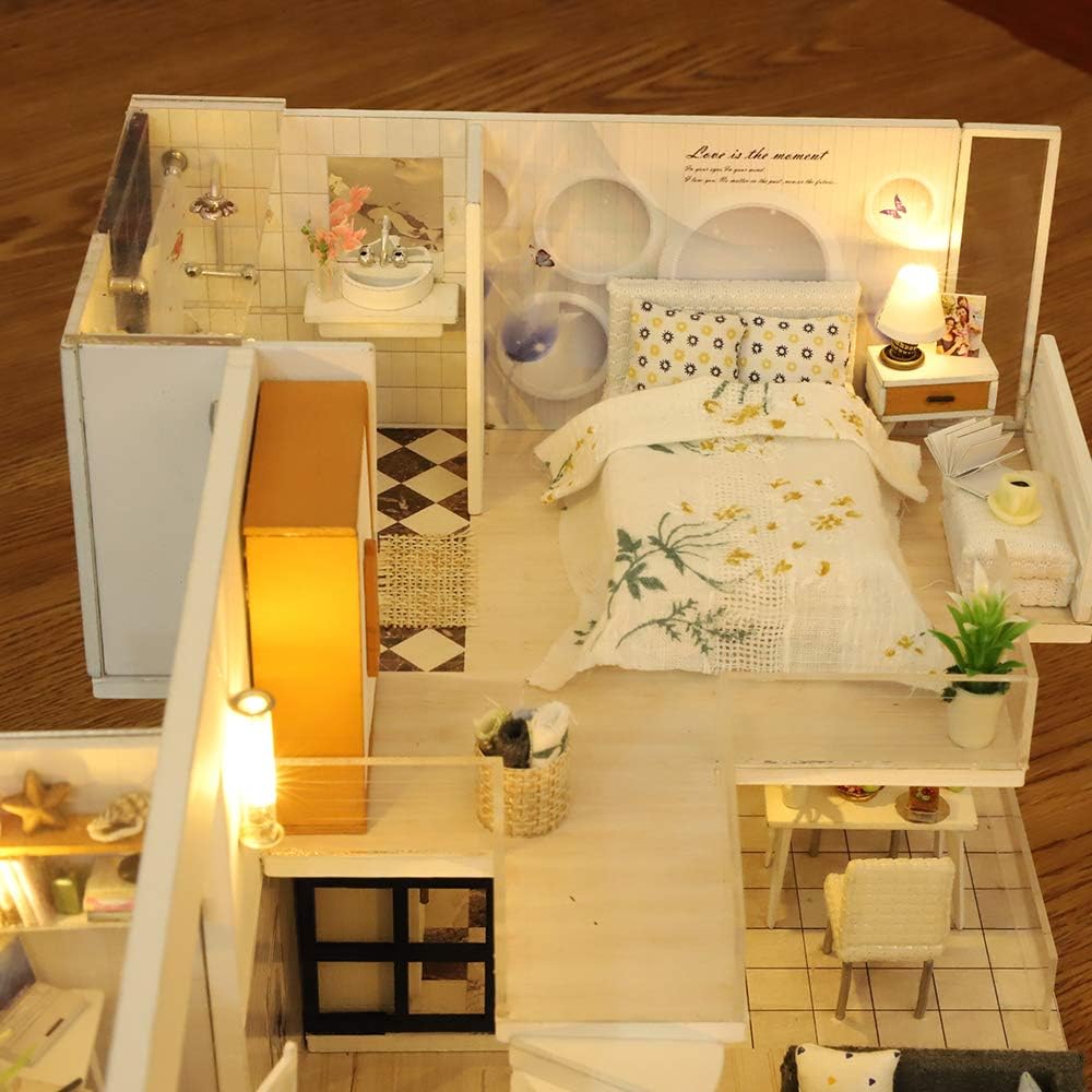 GuDoQi DIY Miniature Dollhouse Kit with Furniture, Tiny House kit 1:24 Scale, Need to Assemble Around 30 Hours