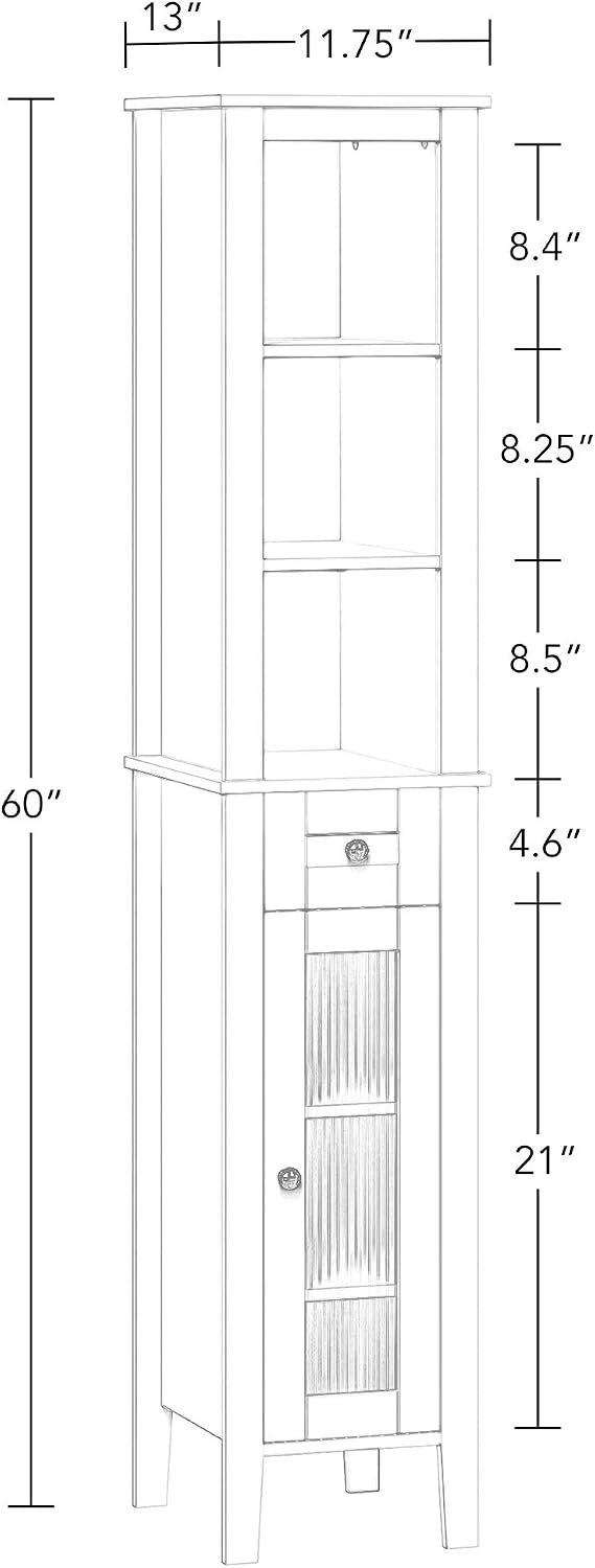RiverRidge Prescott Tall Slim Bathroom Linen Storage Cabinet, White | Versatile Narrow Organizer with Reeded Glass Door, Open Display