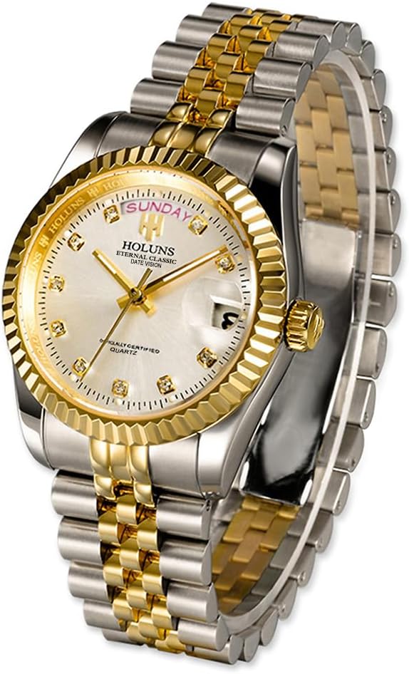 41MM Men's Gold Plated Stainless Steel Waterproof Quartz Watch Luxury Wristwatch with Date Week Display