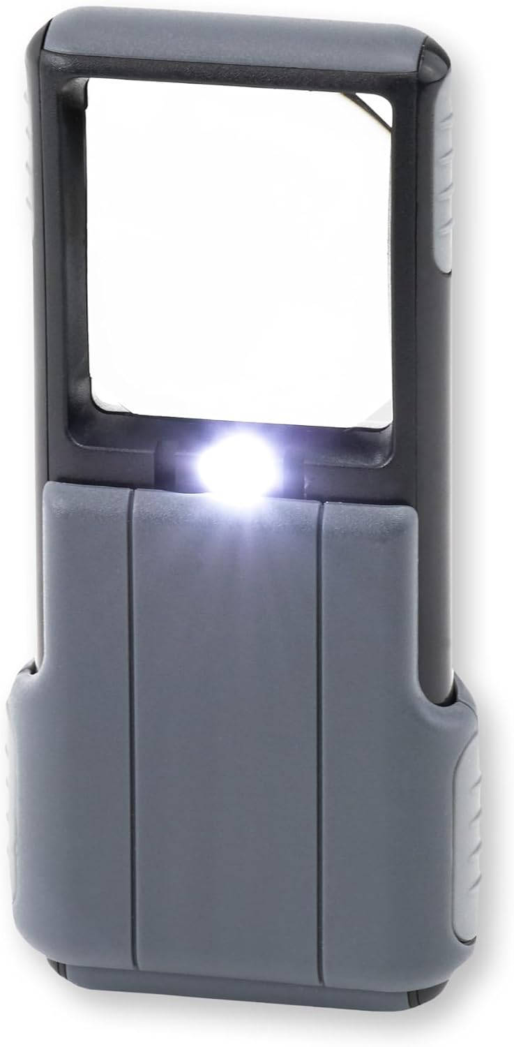 Carson MiniBrite LED Lighted Slide-Out Aspheric Magnifier with Protective Sleeve (PO-55), 5X, Gray