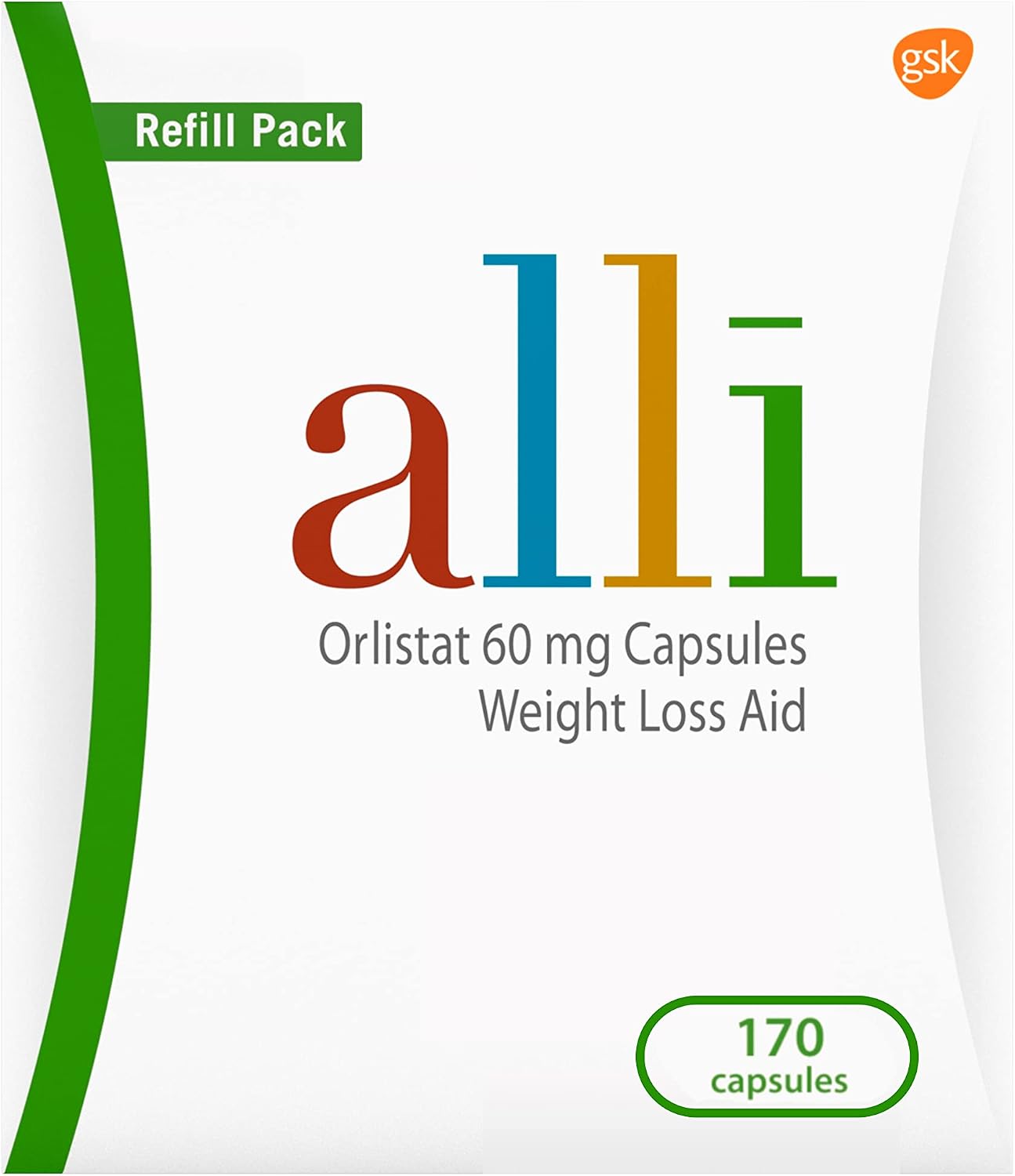 alli Weight Loss Diet Pills, Orlistat 60 mg Capsules, Non Prescription Weight Loss Aid, 120 Count Refill Pack (46925)