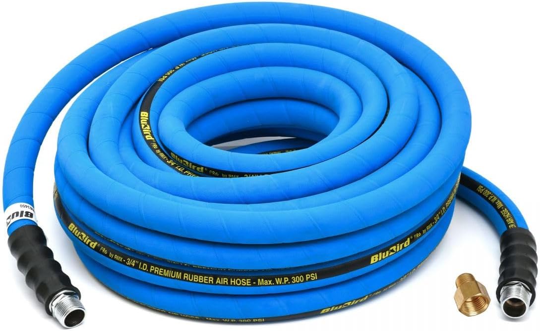 BLUBIRD BB3450 3/4" x 50' Rubber Air Hose, 100% Rubber, Lightest, Strongest, Most Flexible, 300 PSI, 50F to 190F Degrees, Ozone Resistant, High Strength Polyester Braided | Heavy Duty Reinforced Air Hose With 300 PSI Rating, Flexible Design, Kink Resista…