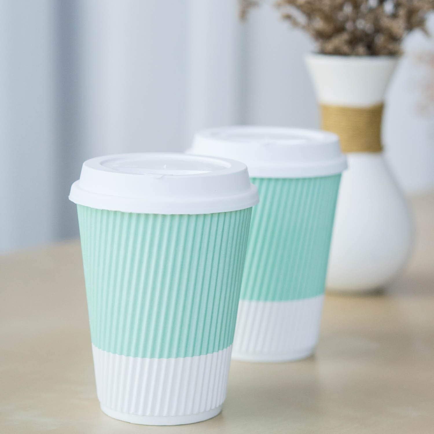 Disposable Coffee Cups With Lids - (80 set) 12 oz Paper To Go Coffee Cups With Resealable Lids Prevent Leaks! Travel Insulated Hot Beverage Drink Cup. Will Not Bend With Heat or Burn Fingers
