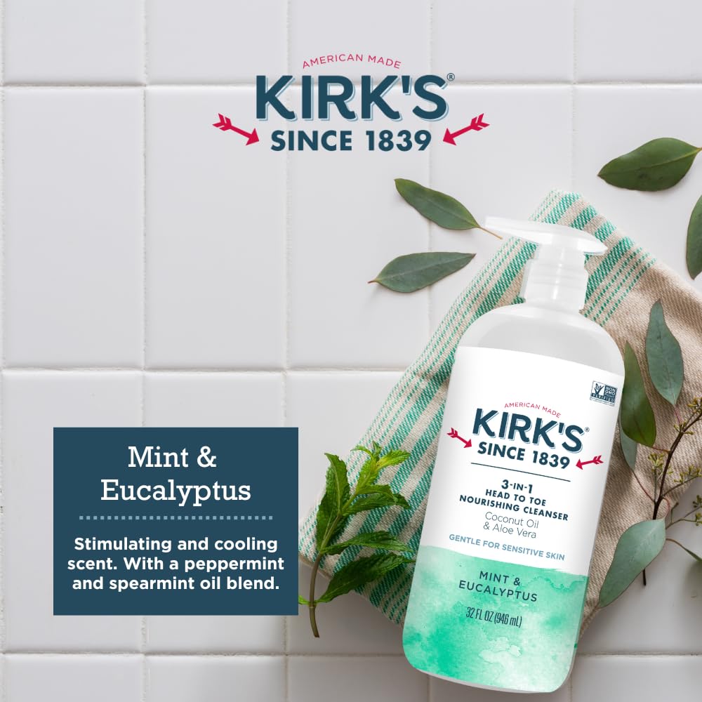 Kirk's Juniper & Lime​ 3-in-1 Nourishing Cleanser, Shampoo Body Wash Bubble Bath, Coconut Oil and Aloe Vera, Vegan Non-GMO, 32 Fl Oz
