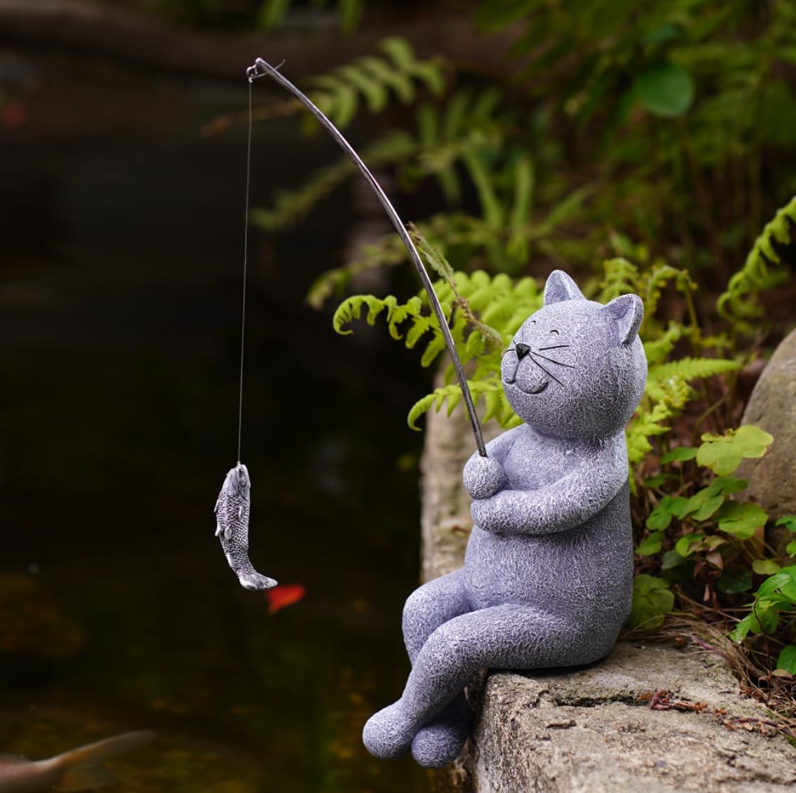 Goodeco Fisherboy Statue Garden Decor - 11" Little Fishing Guy for Koi Pond or Waterfalls, Poolside Statue with Glow in Dark Pebbles Included