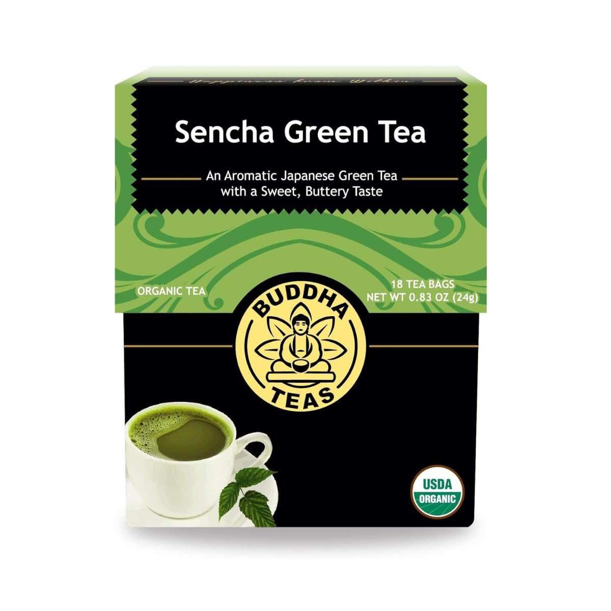 Buddha Teas - Organic Sencha Green Tea - For Health & Wellbeing - Japanese Green Tea - With Antioxidants & Minerals - Clean Ingredients - Caffeinated - OU Kosher & Non-GMO - 18 Tea Bags (Pack of 1)