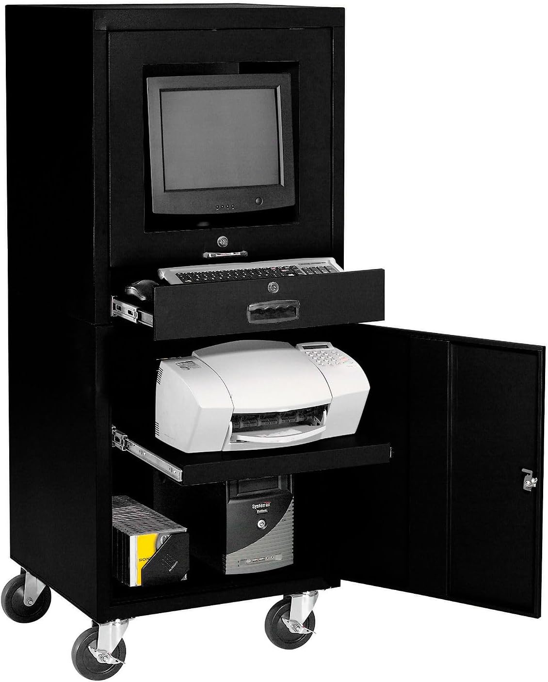 Global Industrial Mobile Security Computer Cabinet, Black, Unassembled | For 21" Diagonal Monitors, Steel Construction, 24-1/2"W x 22-1/2"D x 60-3/8"H