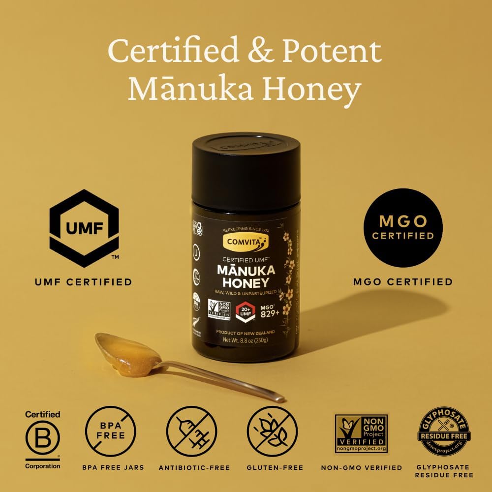 Comvita Manuka Honey UMF 20+ (MGO 829+) Pure, Unpasteurized - 250g (8.8 Oz) | Raw Manuka Honey New Zealand, Superfood for Immune Health, Wild