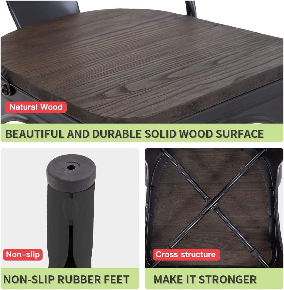 FDW | Metal Dining Chairs | Set of 4, Black | 330lbs Load | Stackable Tolix Side Chairs with Backrest | Non-Slip Feet | Indoor/Outdoor Use | Ideal for Kitchen & Restaurants