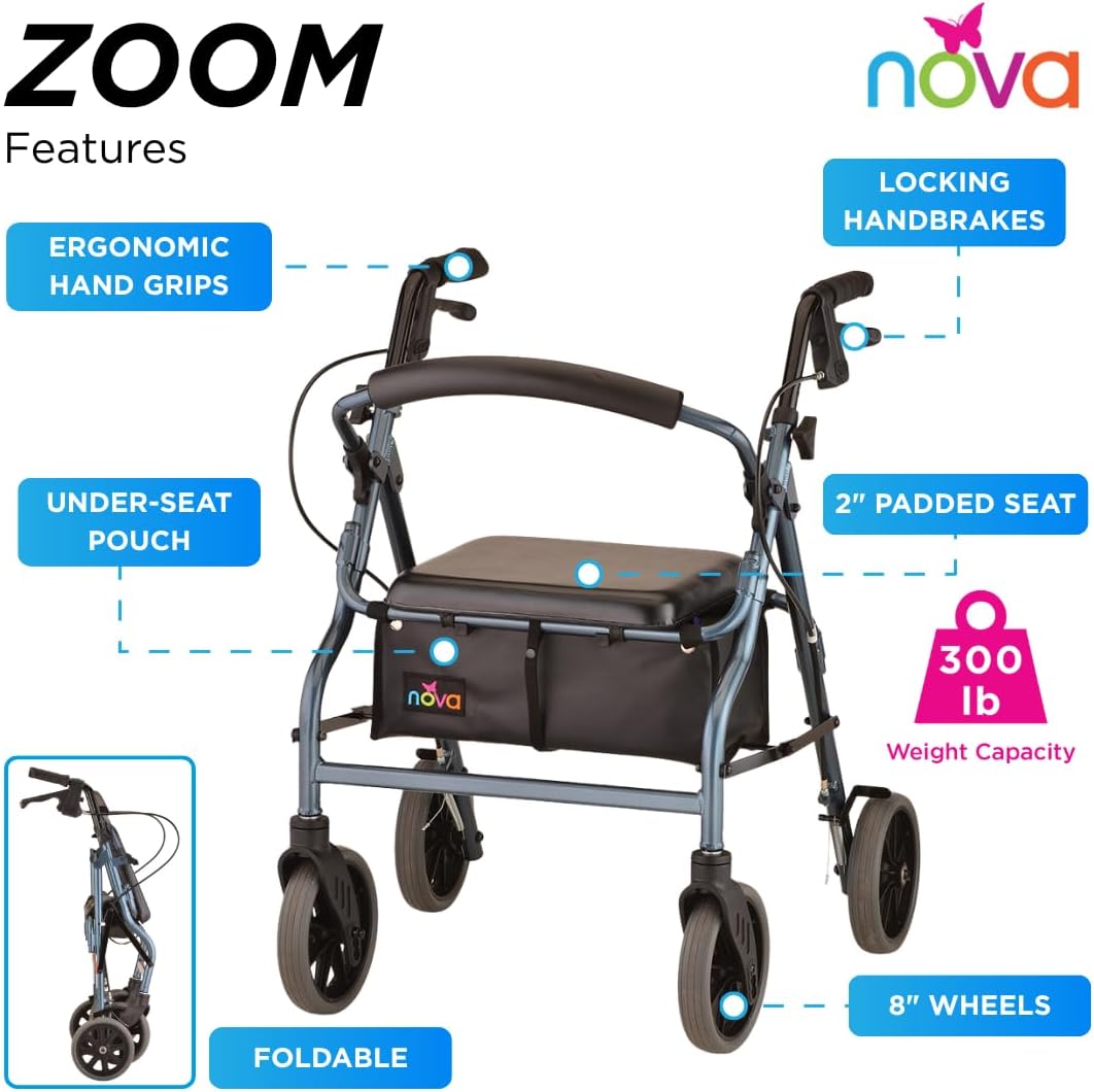 NOVA Zoom 22 Rollator Walker for Seniors, Rolling Walker with Locking Hand Brakes, Padded Seat & 8" Wheels, Lock N Load for Easy Transport & Storage, Adjustable Height 5'5"–6'1", Red