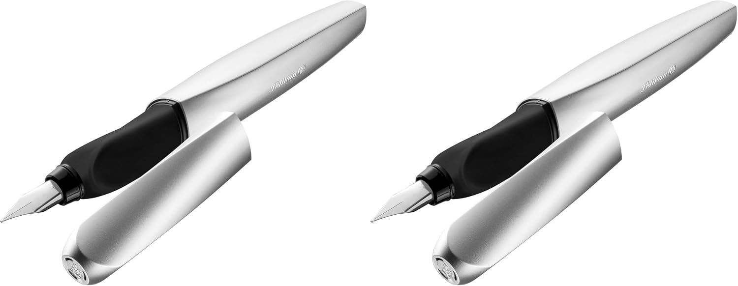 Pelikan Twist Fountain Pen with 1 Ink Cartridge, Medium Nib, Silver, Boxed (947101)