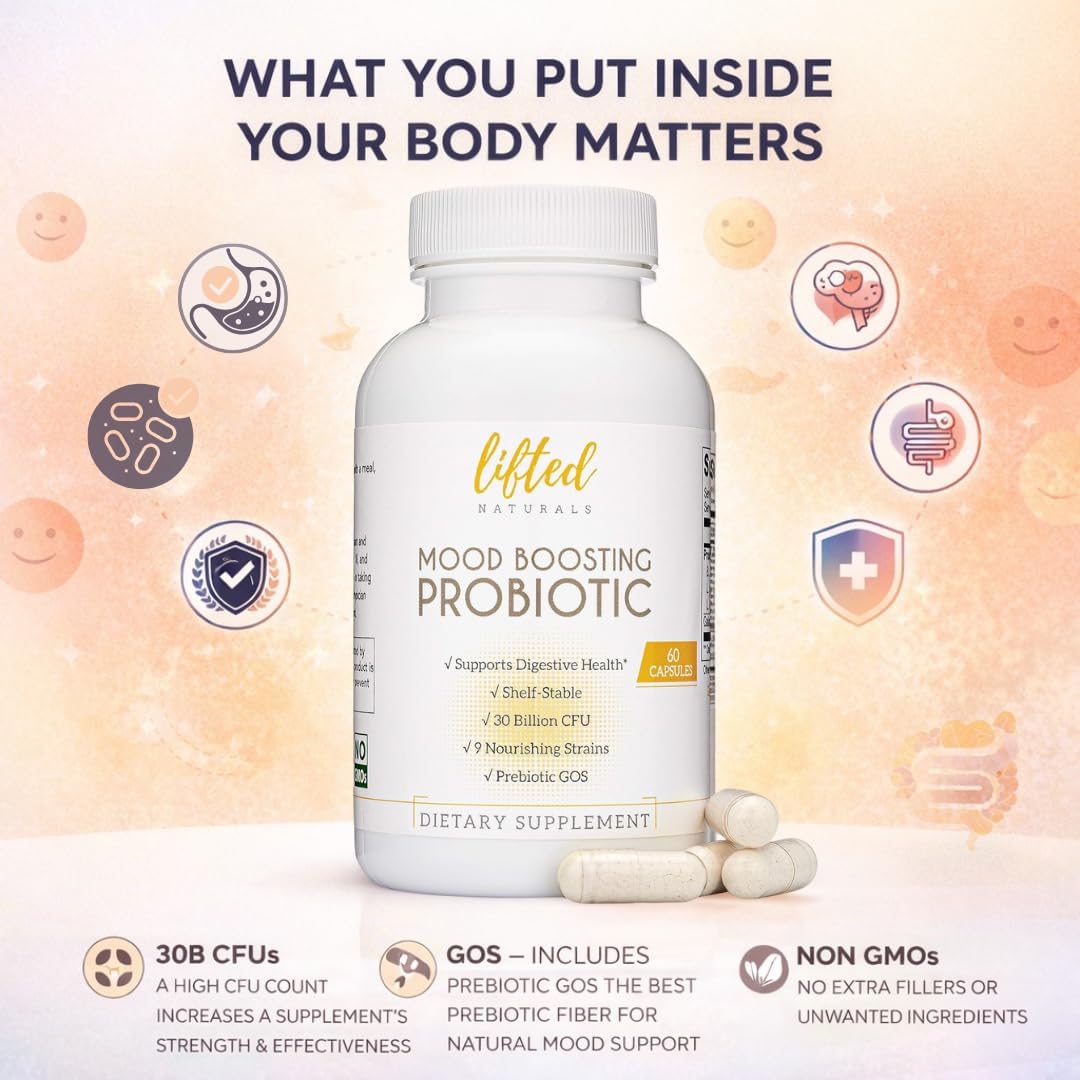 Lifted Naturals Mood Boosting Probiotic 30 Billion CFU - Mood Support Supplement, Prebiotics and Probiotics for Women & Men