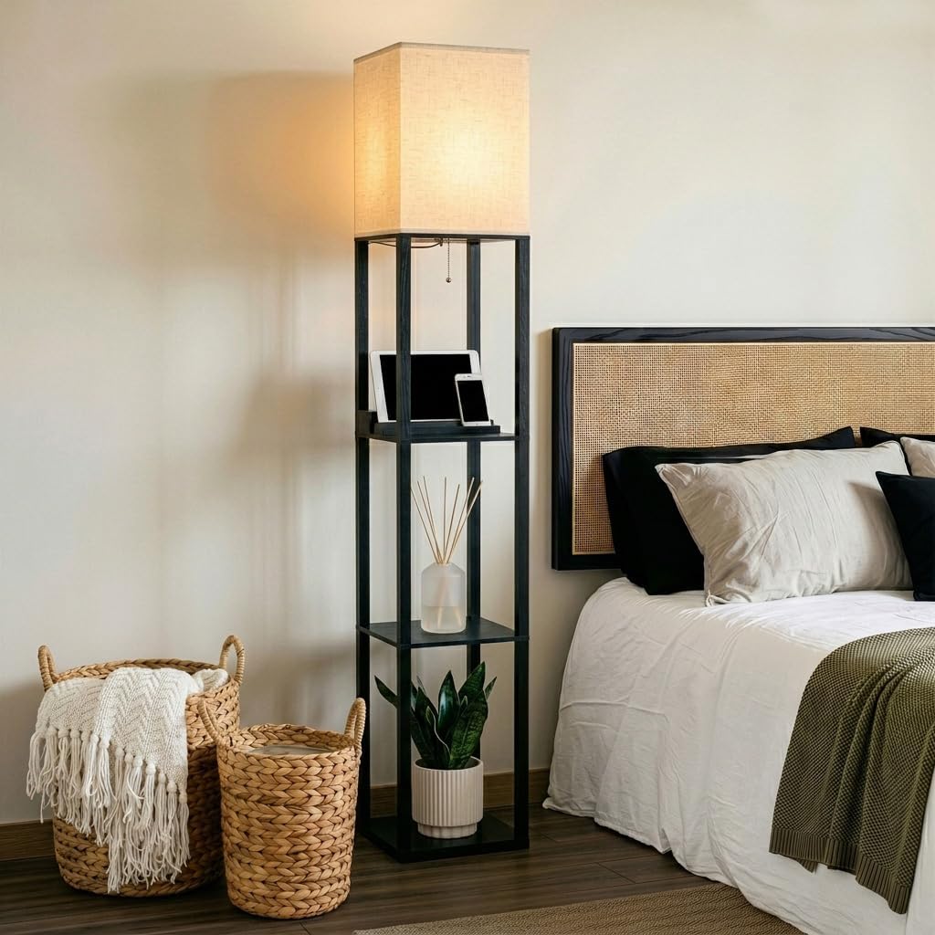 Brightech Maxwell Charger - Modern Shelf Floor Lamp with USB Charging Ports & Electric Outlet - Corner Display Floor Lamps with Shelves for Living