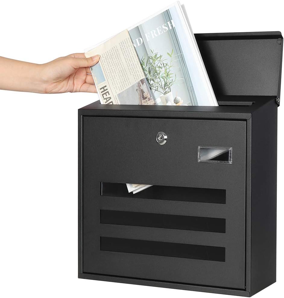 Decaller Large Capacity Mailbox with Key Lock, Wall Mount Metal Mail Box with Newspaper Compartment for Outside, 14.4" x 13" x 4.2", 938 Black