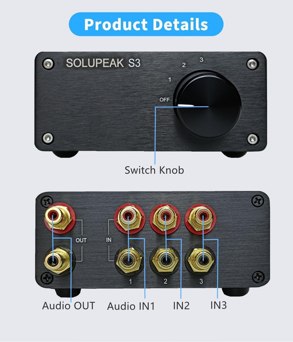 U31 3 Way RCA Audio Switcher, Stereo Audio Switch Selector Box