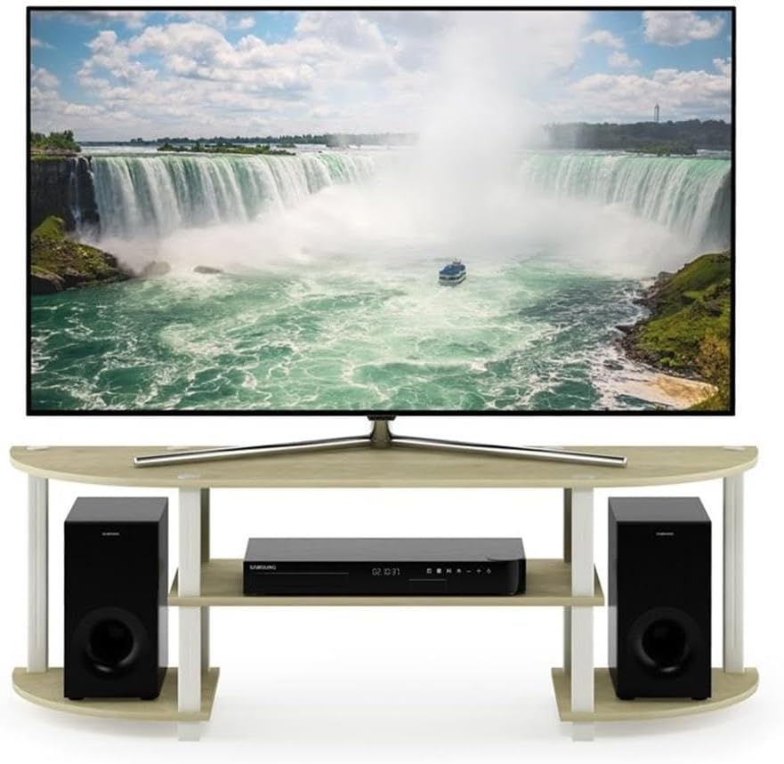 Furinno TURN-S-TUBE 3-Tier TV Stand for TVs up to 55 Inch, French Oak | Toolless Entertainment Center with Open Storage Shelves, Media Console Table with Soundbar Shelf for Living Room, Bedroom