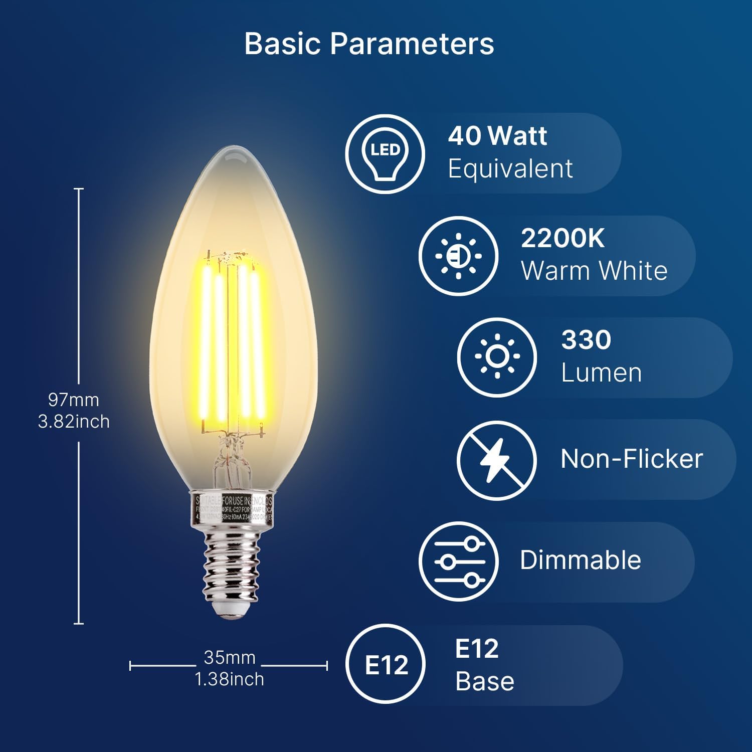 60W Equivalent LED Chandelier Light Bulbs, Dimmable, E12 Base, Clear B11 LED Filament Candelabra Bulbs, 2700K Soft White, 6 Pack