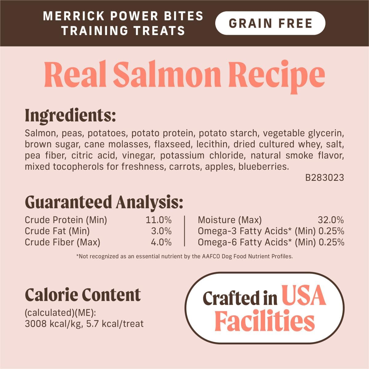 Merrick Power Bites Salmon Grain Free Dog Treats 6 oz Bag | Wholesome and flavorful dog treats made with salmon as the #1 ingredient, perfect for anytime snacking or training rewards