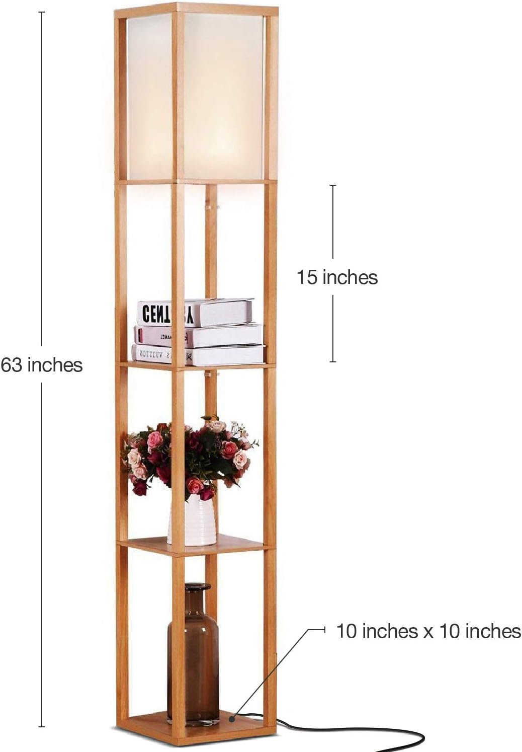 Brightech Maxwell - Modern Shelf Floor Lamp with Lamp Shade & Warm White LED Bulb, Corner Display Floor Lamp with Shelves for Living Room, Bedroom, Nightstand Office, Home Decor Storage - Natural Wood