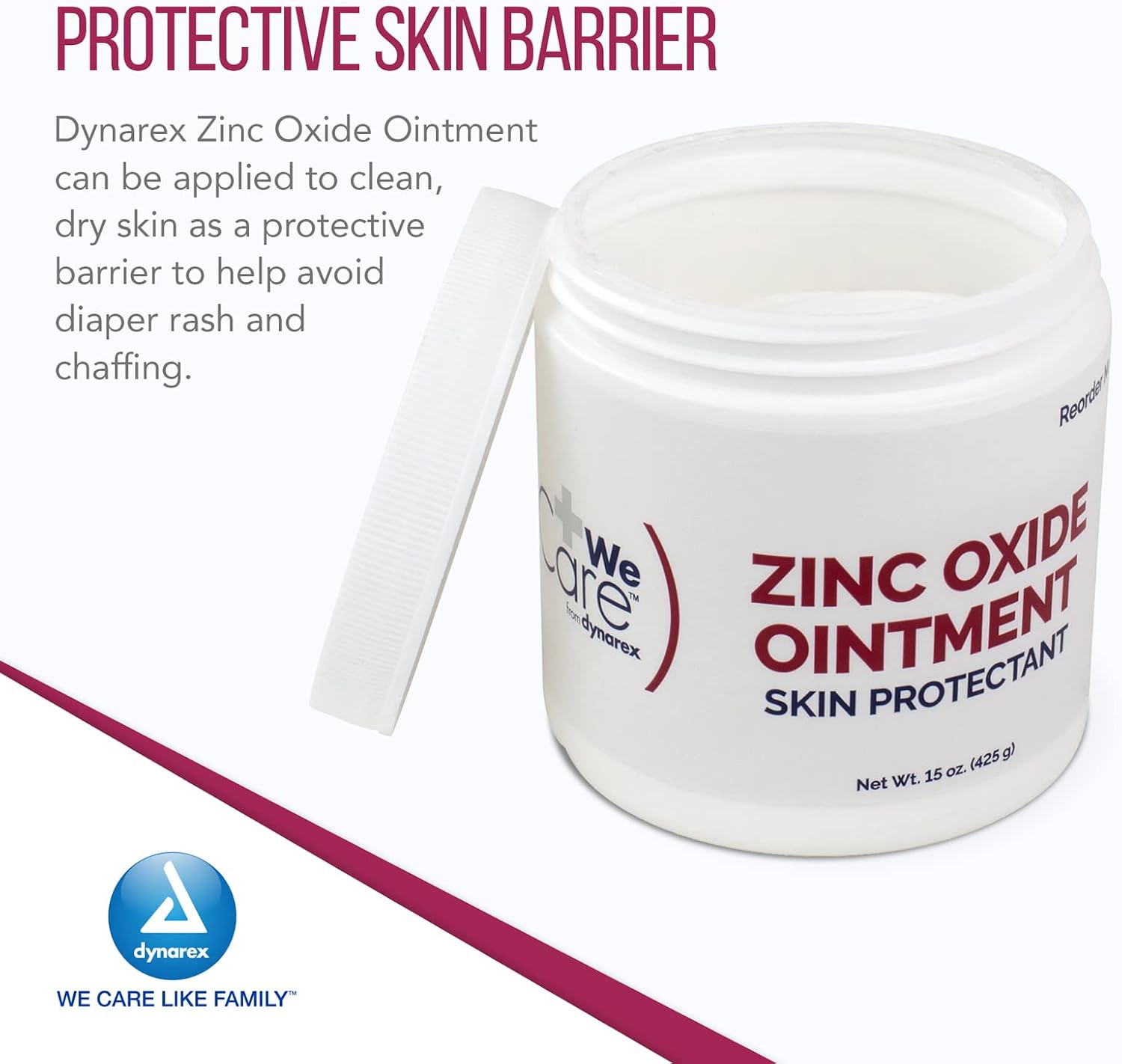 Dynarex Zinc Oxide Ointment, Soothes, Prevents, and Relieves Diaper Rash, Chaffed Skin, and Irritation, White, 1 Count - 15 oz. Jar of Ointment