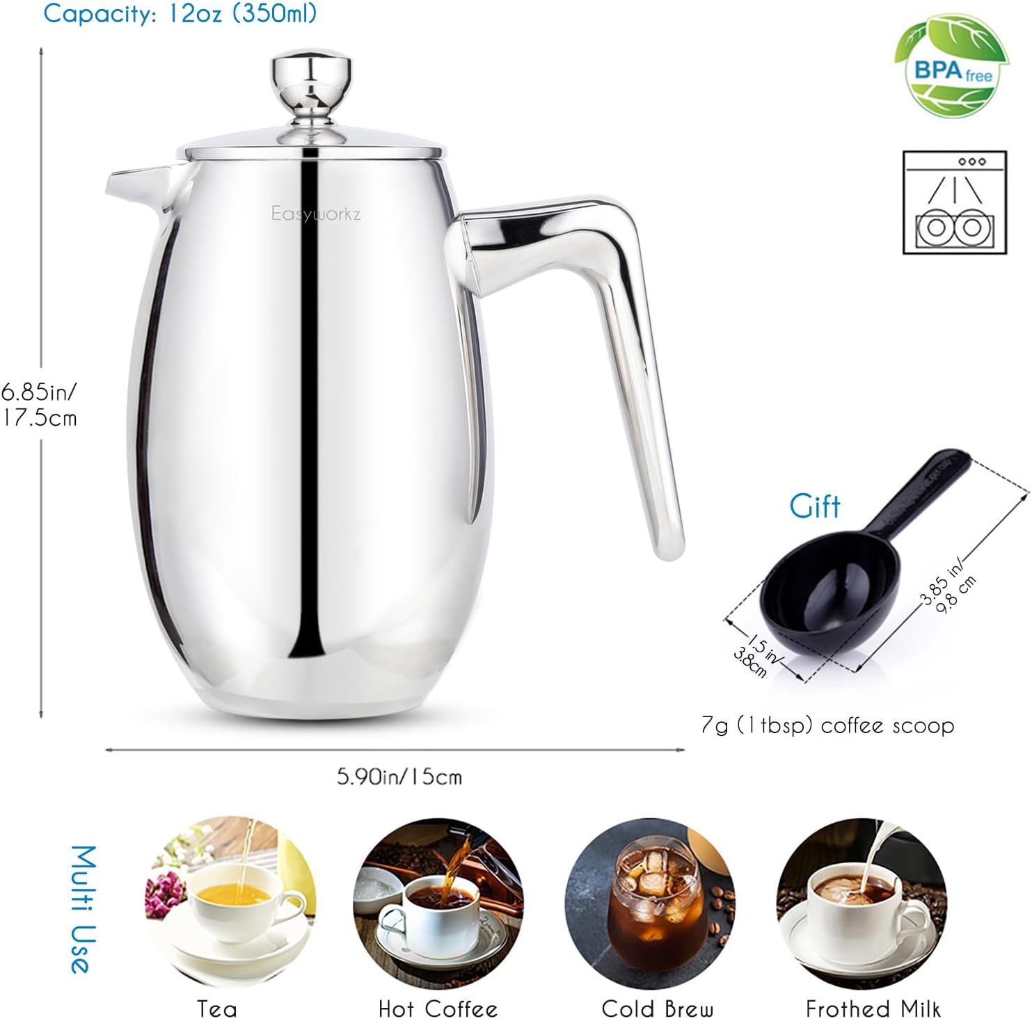 Easyworkz Nando French Press 23 oz Double Wall Insulated Thermal Coffee Maker,304 Stainless Steel Cafetiere