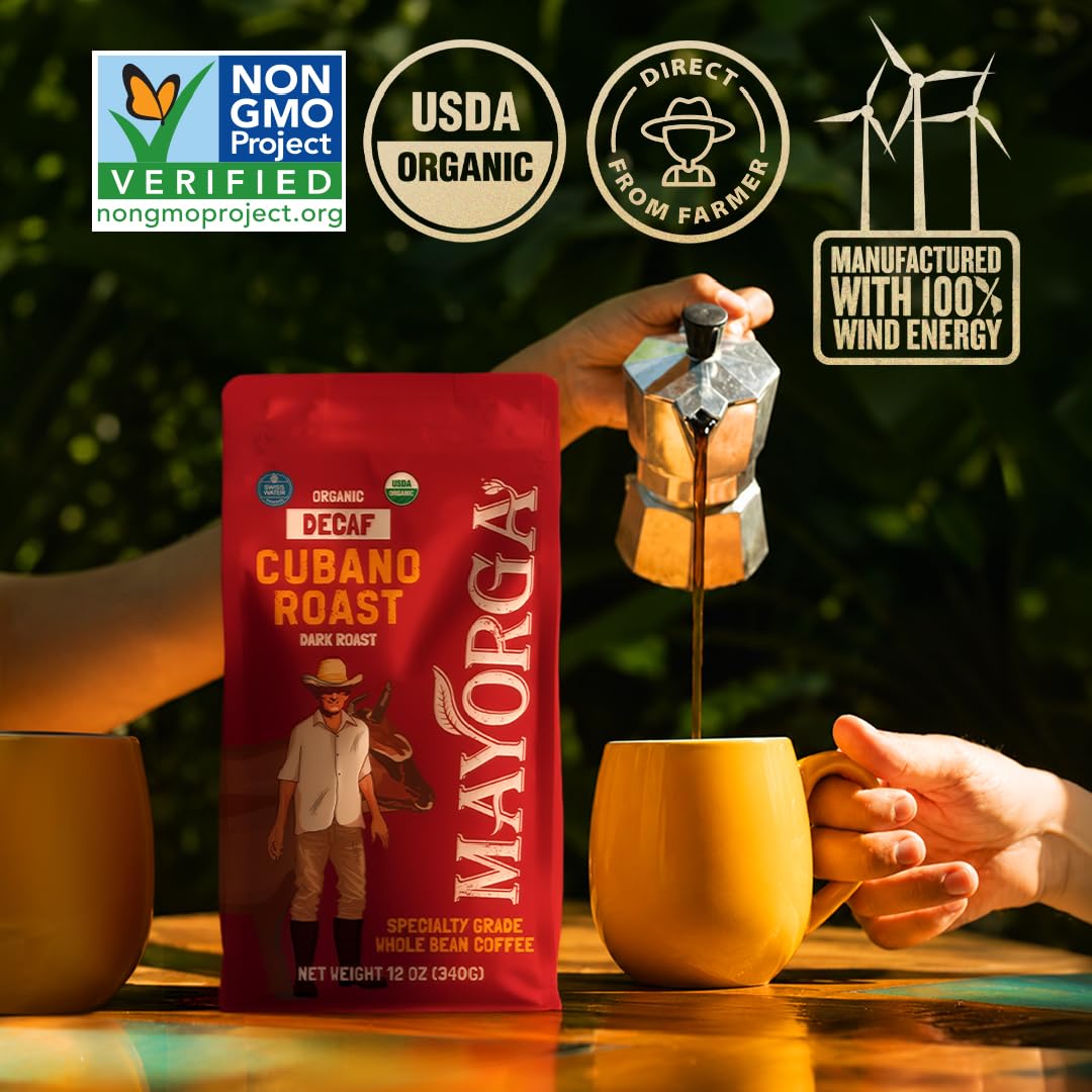 Mayorga Organic Coffee 12oz Cafe Cubano Roast - Dark Roast Whole Bean Coffee Specialty Grade, 100% Arabica, Slow Roasted, Bold and Smooth Flavor with Low Acidity - USDA Organic, Non-GMO, Kosher,