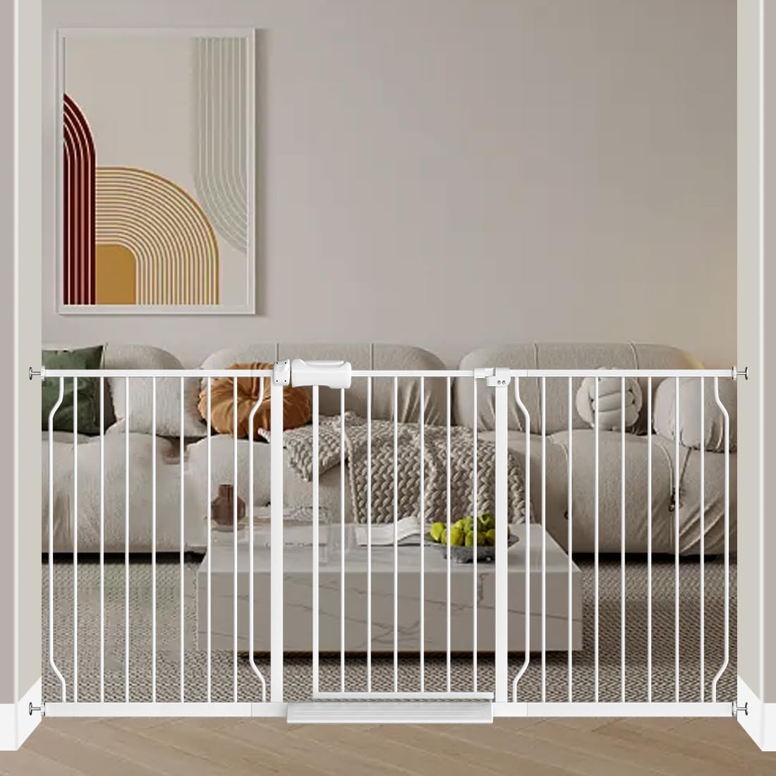 Fairy Baby Extra Wide Baby Gate for Doorways Auto Close Safety Gates for Bedroom, Fits 57.5 Inch to 62 Inch with Pressure Mounted Extention Kit, White | Pressure Mounted No Drill Pet Gate with Door, Heavy Duty Walk-Through Gate for Toddlers, Kids, Dogs,…