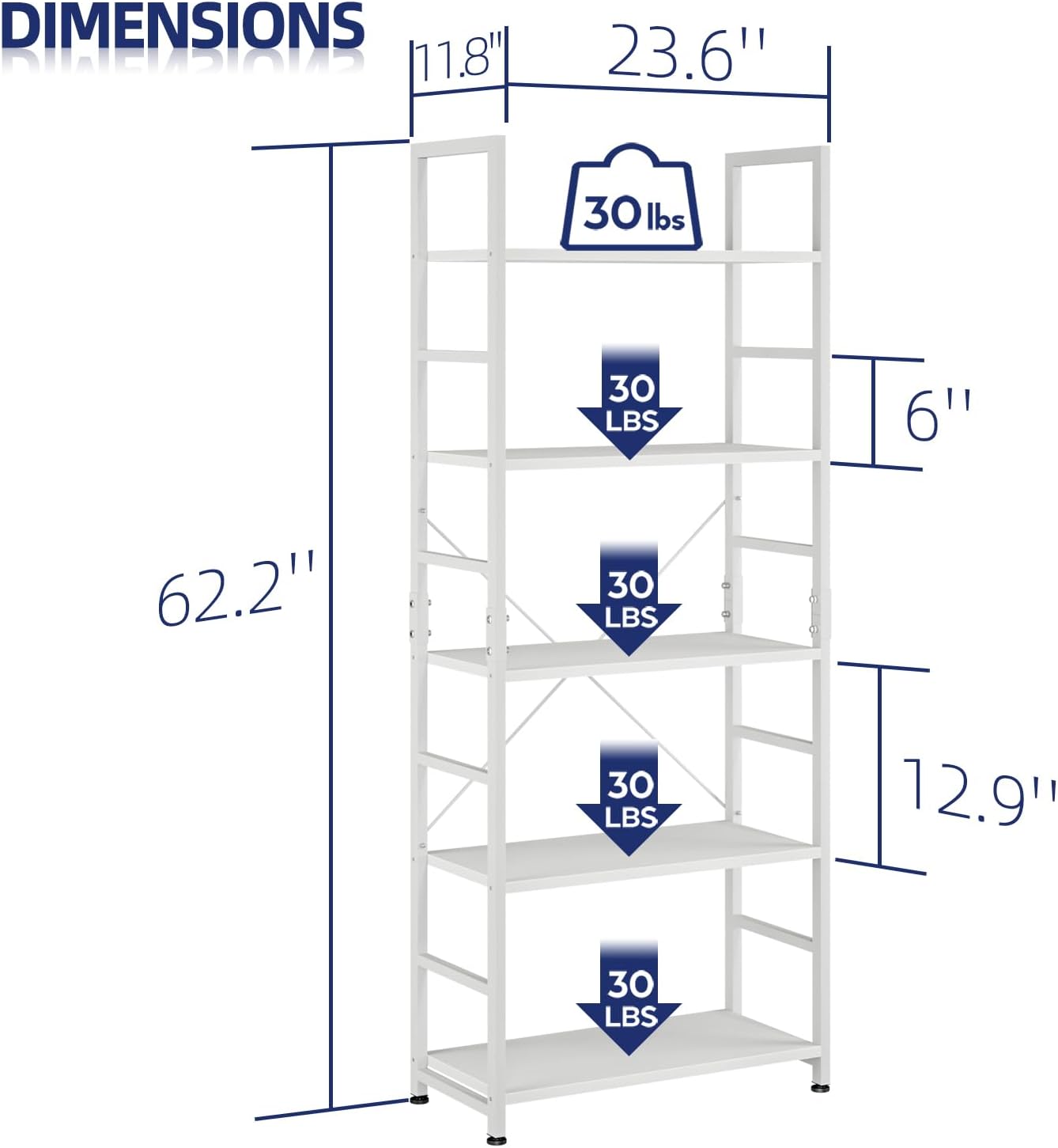 NUMENN 5 Tier Bookshelf, Tall Freestanding Open Storage Bookcase, Vintage
