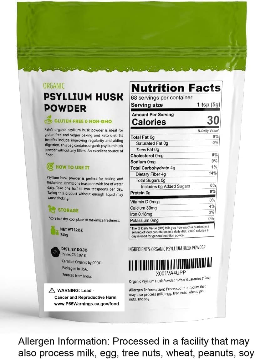 Kate Naturals Psyllium Husk Powder for Fiber and Baking Bread, 12oz | Organic, Gluten Free, Fine Ground, For Digestion, Mixes Easily with Juice & Smoothies