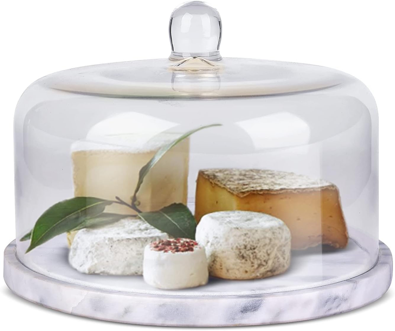 Flexzion Marble Cake Stand with Glass Dome Lid, 8.7-Inch Serving Plate