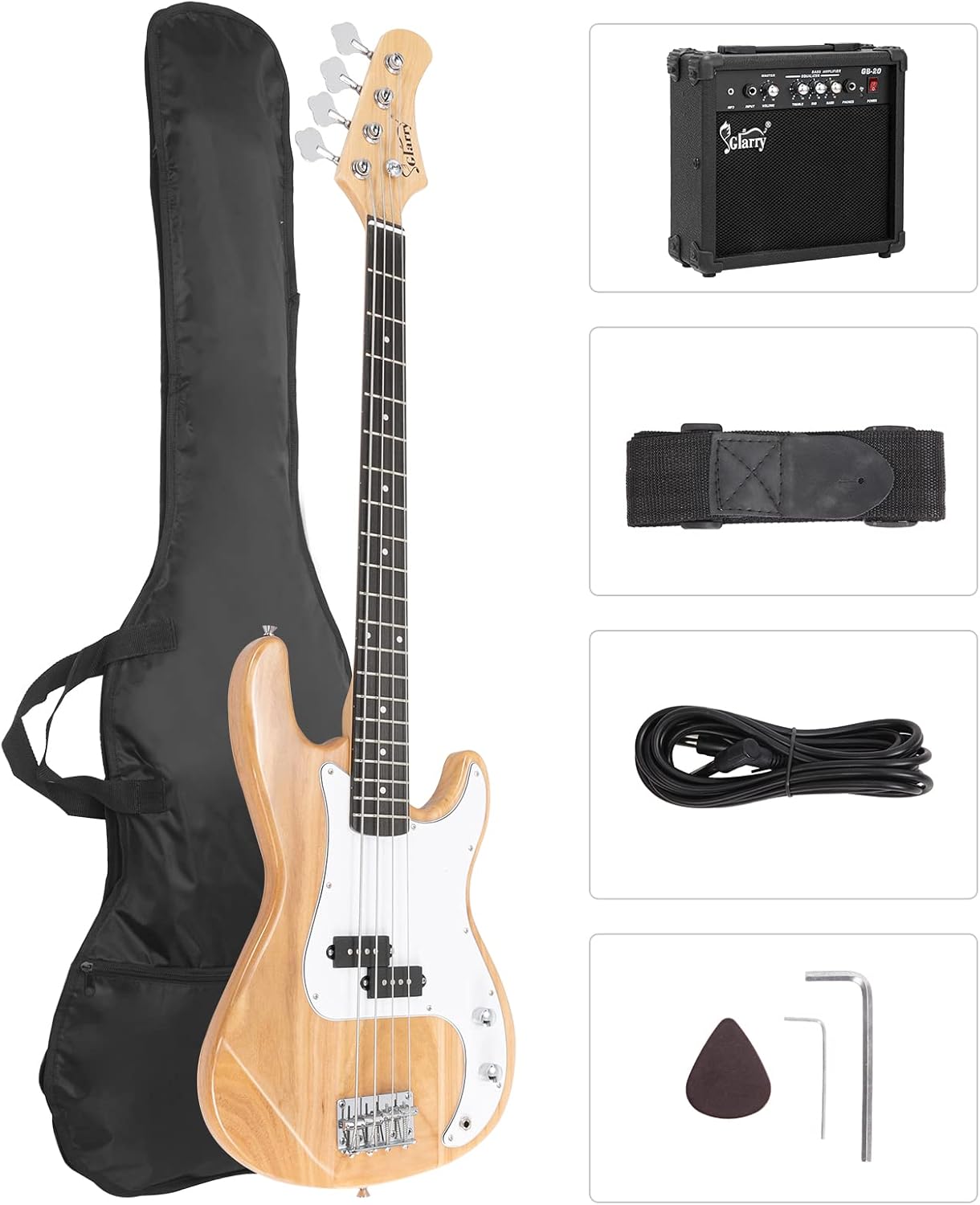 GLARRY Full Size Electric Bass Guitar Beginner Kit 4 String Exquisite Basswood Bass with 20W AMP, Cable, Strap, Bag and Accessories (Transparent Blue, 39"Right Handed)