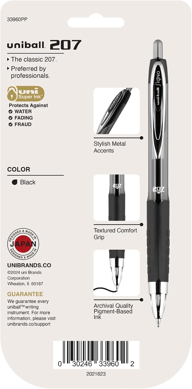 uniball™ 207 Gel Pens, Black Ink, 0.7mm Medium Point, Retractable, 12 Count | Smooth Writing, Fraud-Resistant, uni Super Ink™