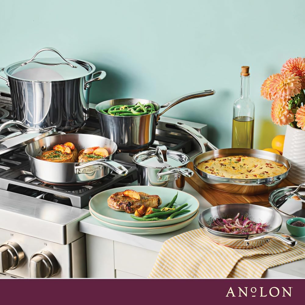 Anolon Nouvelle Stainless Steel Cookware Pots and Pans Set, 10 Piece | Stainless Steel Cookware Set with Lids, Oven Safe to 500°F, Durable Everyday Cooking, Dishwasher Safe