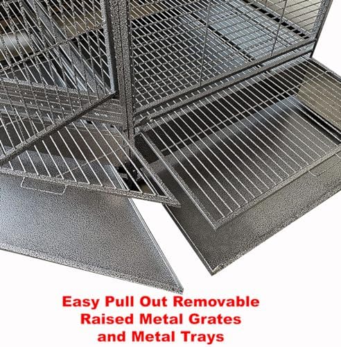 64" Extra Large Corner Bird Flight Breeding Wrought Iron Rolling Parrot Cage Side Solid Metal Plate Feed Doors Pull Out Removable Grate and Tray