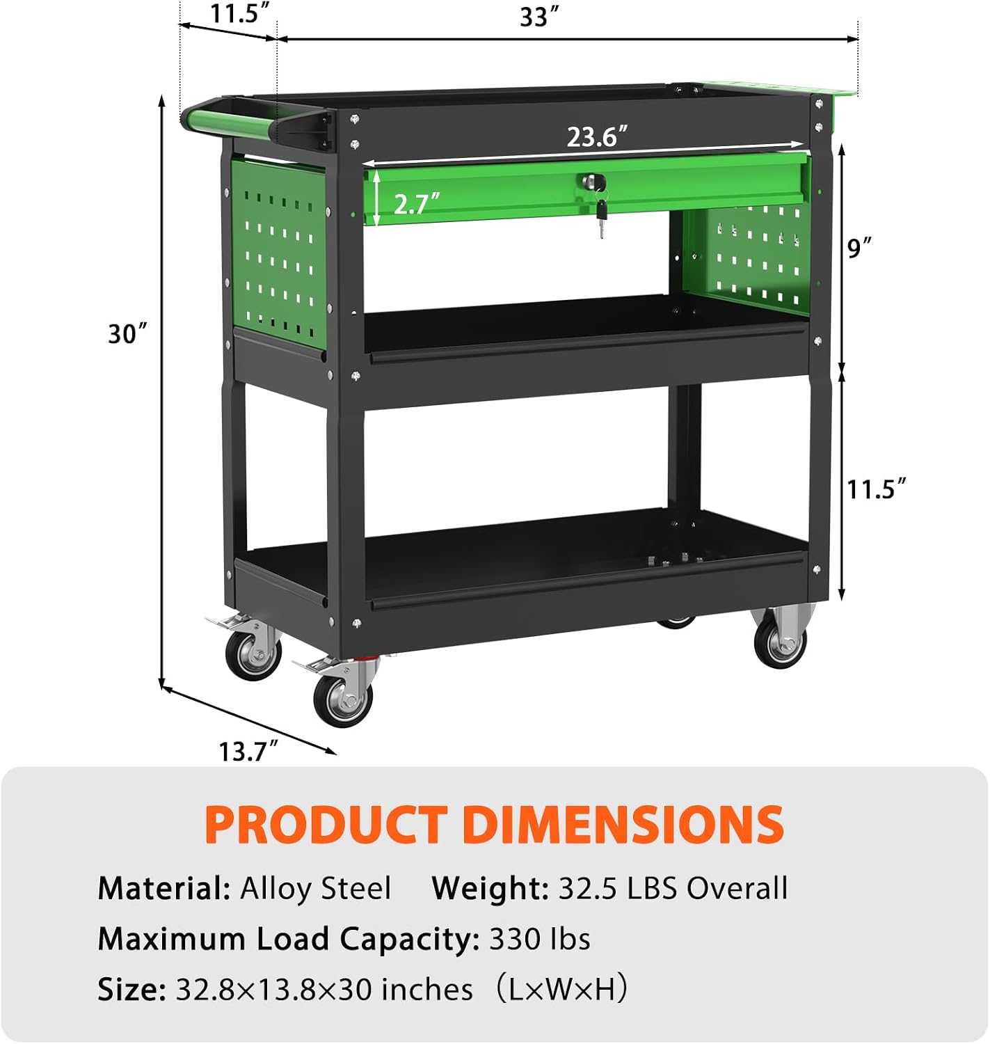 3-Tier Heavy Duty Utility Cart on Wheels, Rolling Tool Cart on Wheels with a Drawer, 350 Lbs Load Capacity Service Cart for Warehous, Garage and Repair Shop (Black)
