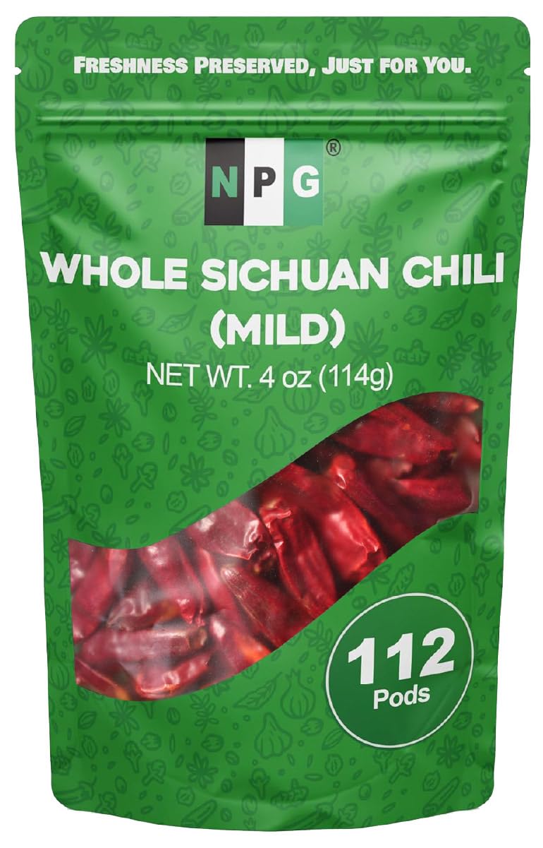 NPG Sichuan Dried Red Chili Peppers 4 Oz, Mild Hot, Whole Chili Peppers